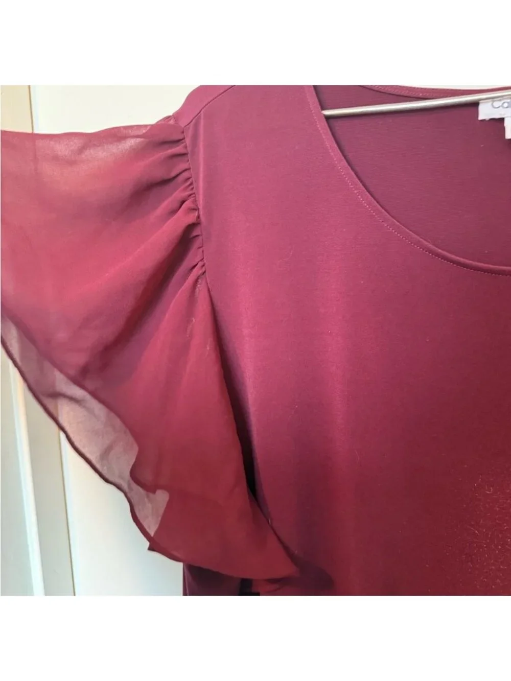 Red Flutter Sleeve Blouse with Ruffled Design - Picture 3 of 3